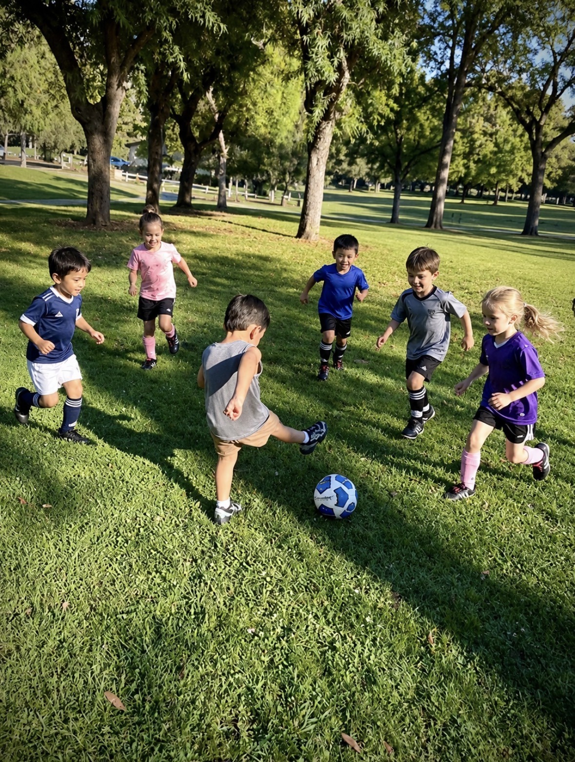 Children playing soccer outdoors
